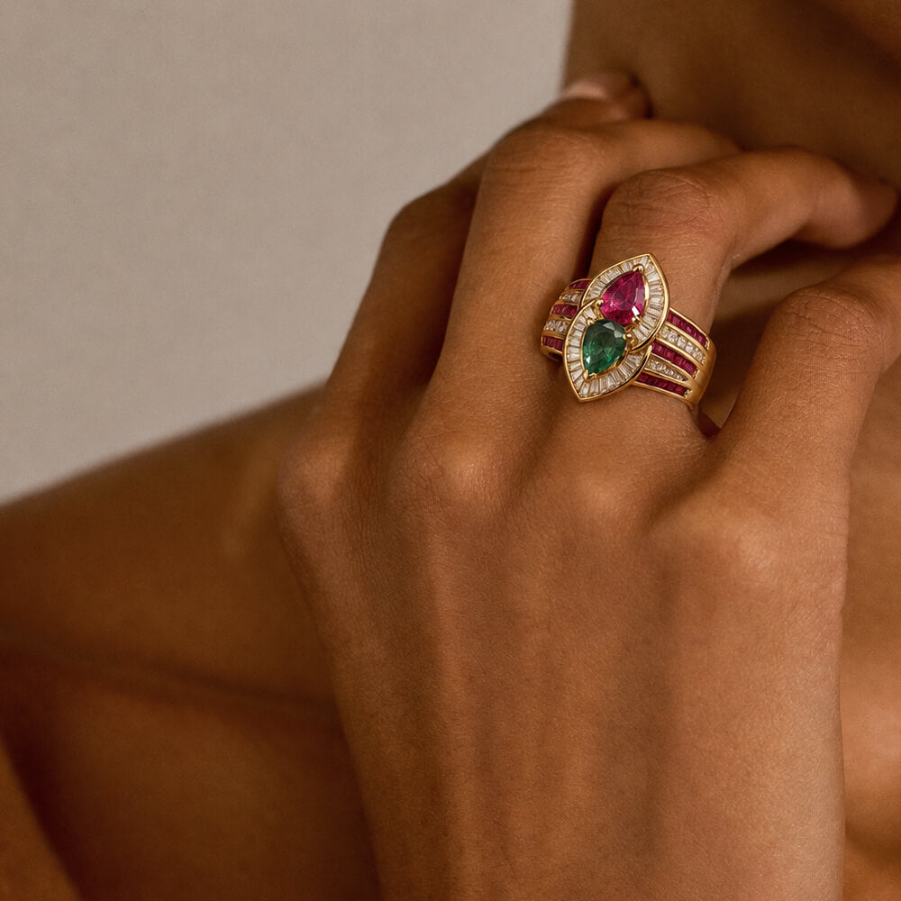 Luxury Jewelry Yellow Gold Halo Pear Cut Emerald & Ruby Sapphire Engagement Ring