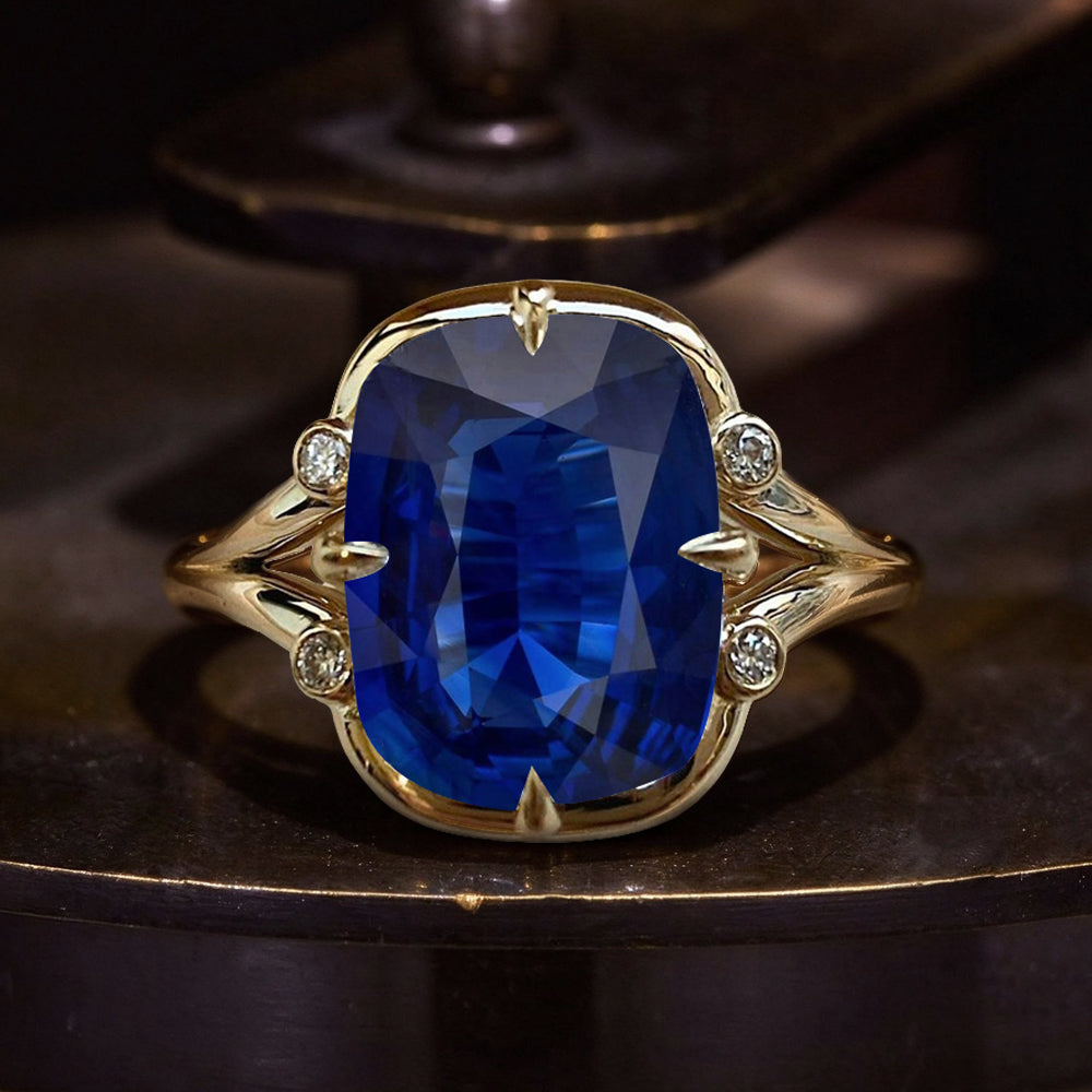 Unique Design Yellow Gold Cushion Cut Blue Sapphire Engagement Rings