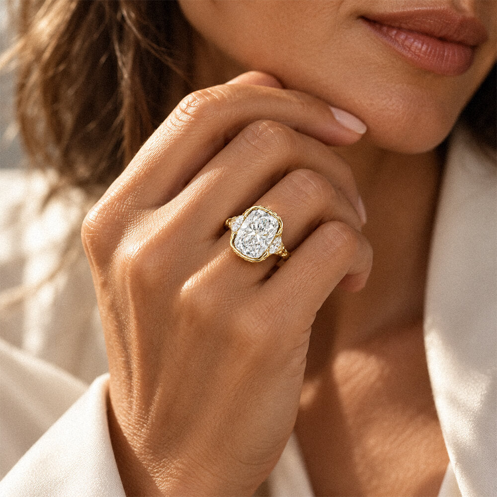 Vintage Three Stone Yellow Gold Cushion Cut White Sapphire Engagement Ring