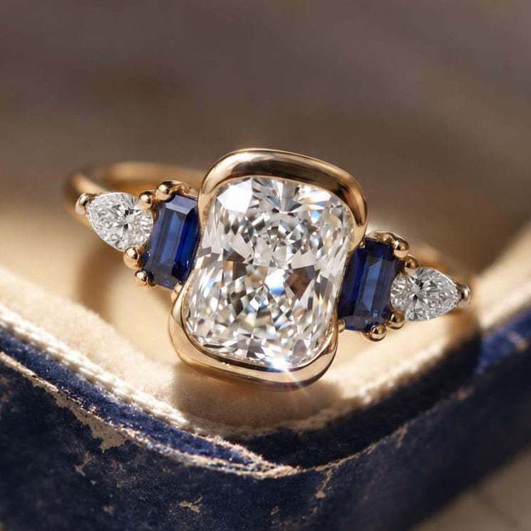 Half Bezel Setting Yellow Gold Cushion Cut White Sapphire Five Stone Engagement Ring
