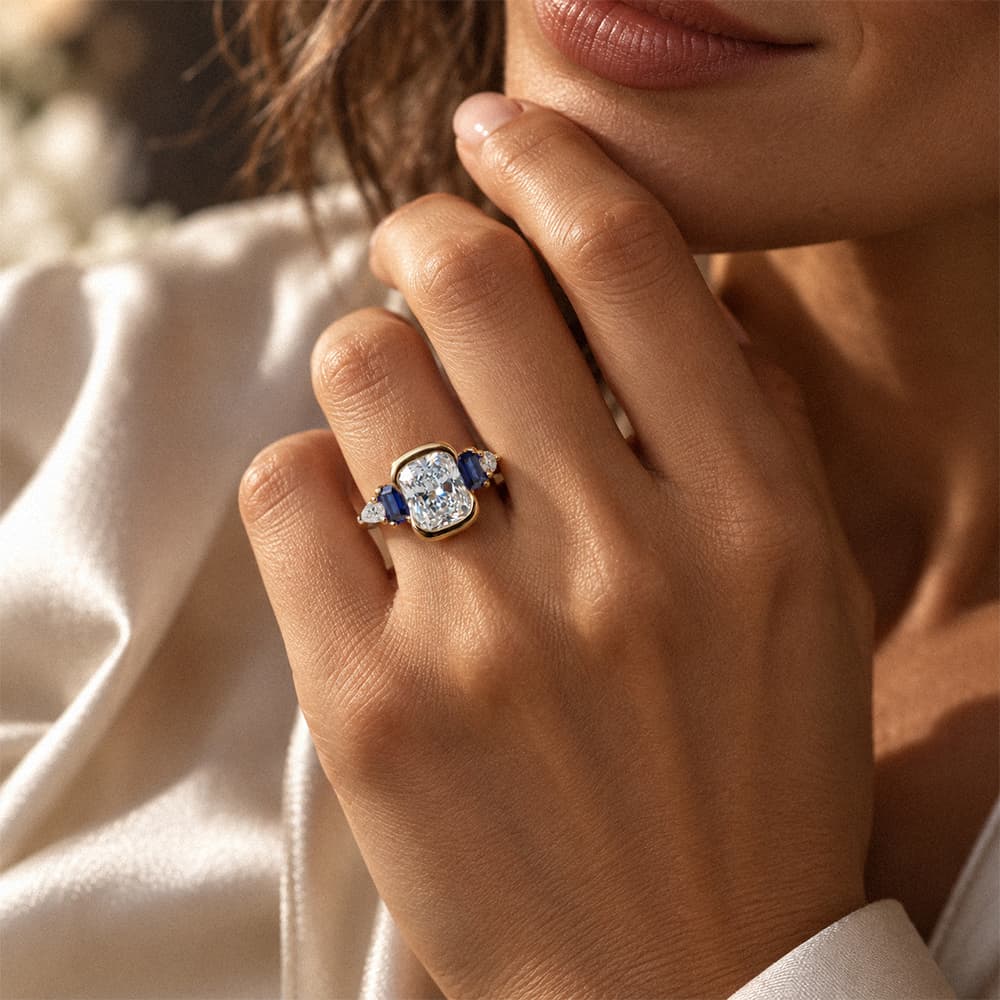 Half Bezel Setting Yellow Gold Cushion Cut White Sapphire Five Stone Engagement Ring