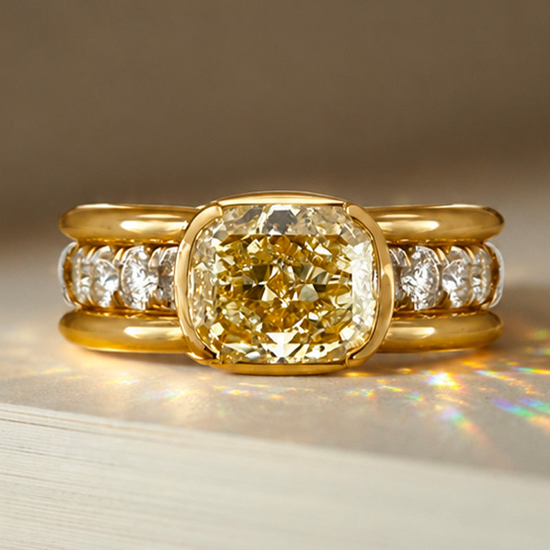 Yellow Gold Half Bezel Cushion Cut Canary Sapphire Cocktail Ring For Women