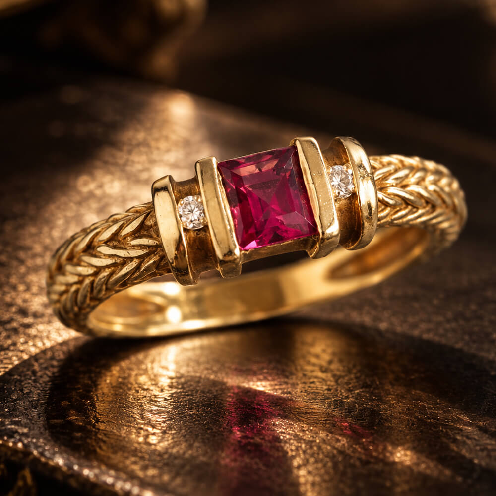 Vintage Three Stone Yellow Gold Asscher Cut Ruby Sapphire Engagement Ring