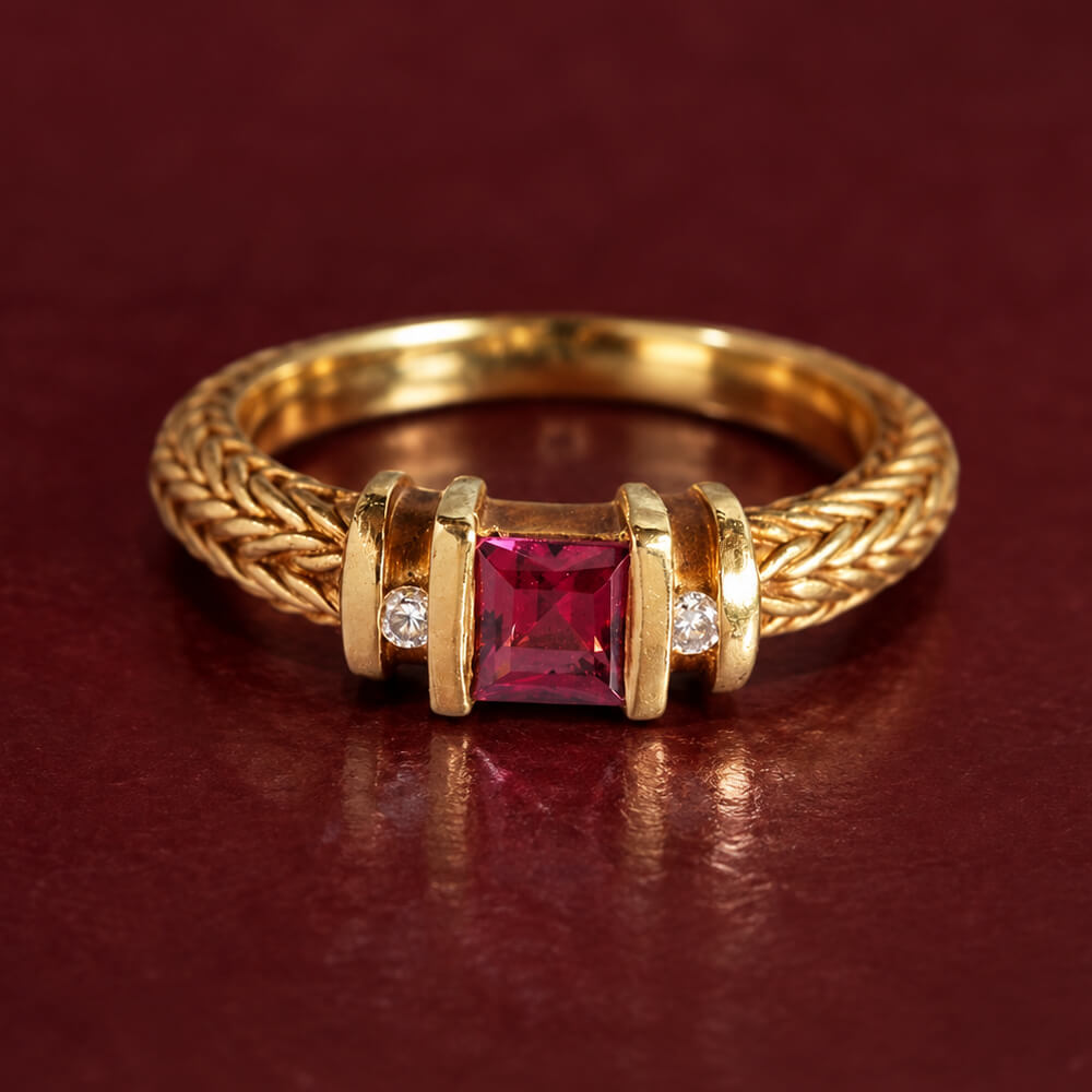 Vintage Three Stone Yellow Gold Asscher Cut Ruby Sapphire Engagement Ring