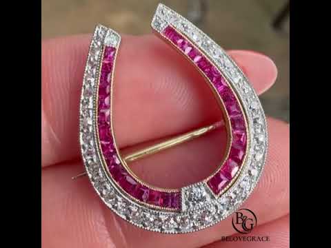 Antique Horseshoe White & Ruby Sapphire Round & Asscher Cut Brooch