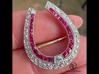 Antique Horseshoe White & Ruby Sapphire Round & Asscher Cut Brooch