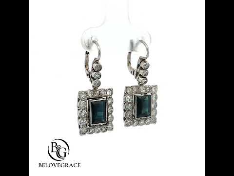 Vintage Halo Emerald Cut Blue Sapphire Drop Earrings For Women