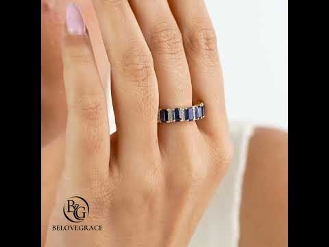 Vintage Yellow Gold Emerald Cut Blue Sapphire Half Eternity Wedding Band For Women