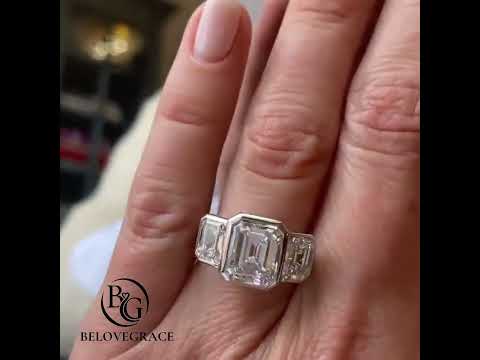 Classic Bezel Three Stone Emerald Cut White Sapphire Engagement Ring
