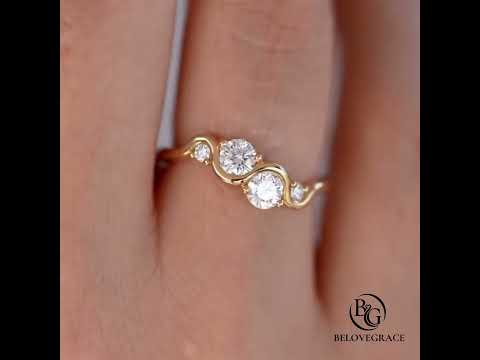 Minimalist Wave Design Golden Round Cut Moissanite Engagement Ring