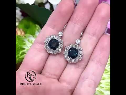 Luxury Jewelry Halo Cushion Cut Blue Sapphire Drop Earrings For Women