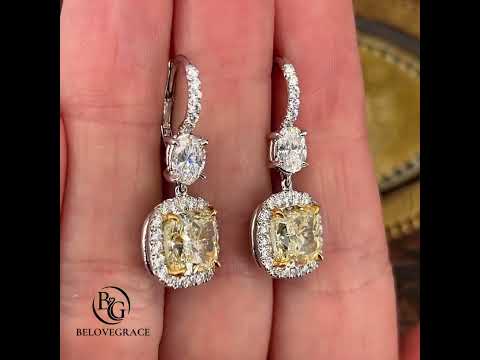 Luxury Jewelry Two Tone Halo Cushion & Oval Cut Canary & White Sapphire Drop Earrings For Women