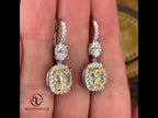 Luxury Jewelry Two Tone Halo Cushion & Oval Cut Canary & White Sapphire Drop Earrings For Women