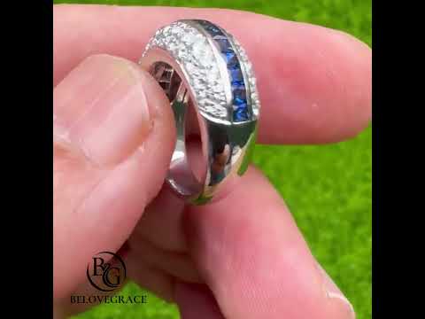 Vintage Multi Row Asscher & Round Cut Blue & White Sapphire Half Eternity Wedding Band For Women