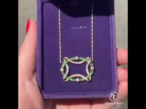 Golden Openwork Design Emerald & White Sapphire Round & Baguette Cut Pendant Necklace For Women