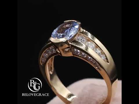 Vintage Half Bezel Yellow Gold Oval Cut Blue Sapphire Engagement Ring