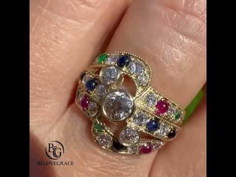 Vintage Yellow Gold Bezel Round Cut White & Ruby & Emerald & Blue Sapphire Engagement Ring