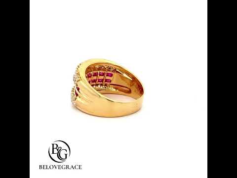 Multi Row Channel Setting Yellow Gold Asscher Cut Ruby & White Sapphire Wedding Band