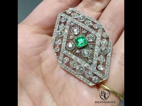 Halo Asscher & Round Cut Emerald & White Sapphire Art Deco Brooch