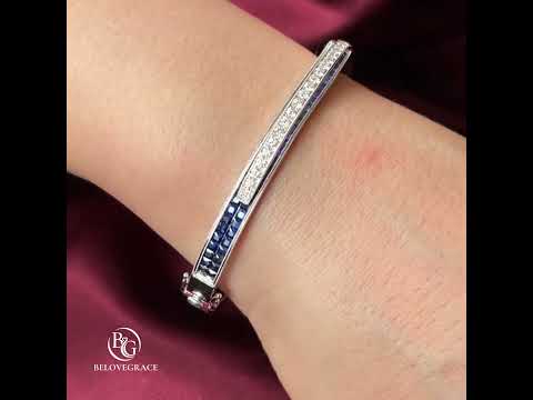Unique Design Art Deco Round & Asscher Cut Blue & White Sapphire Bangle Bracelet For Women