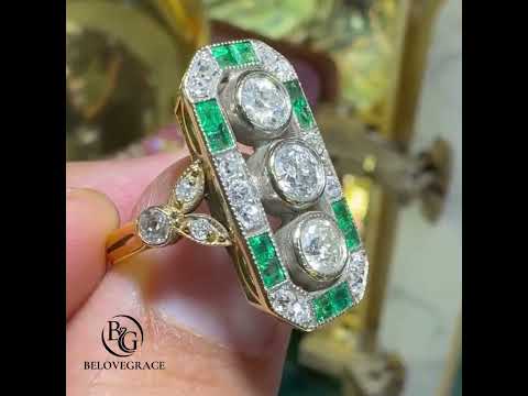 Vintage Two Tone Halo Three Stone Round Cut White & Emerald Sapphire Engagement Ring