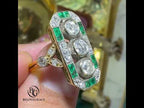 Vintage Two Tone Halo Three Stone Round Cut White & Emerald Sapphire Engagement Ring
