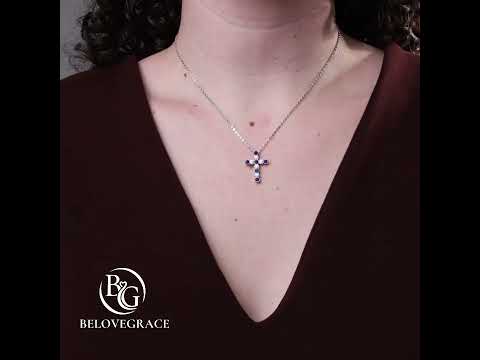 Vintage Milgrain Bezel Round Cut  Blue & White Sapphire Cross Pendant Necklace For Women