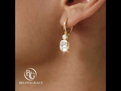 Classic Yellow Gold Bezel Cushion Cut White Sapphire Drop Earrings For Women