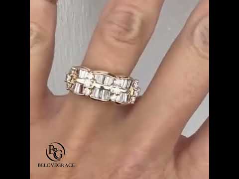 Unique Design Yellow Gold Round & Baguette Cut White Sapphire Half Eternity Wedding Band For Women