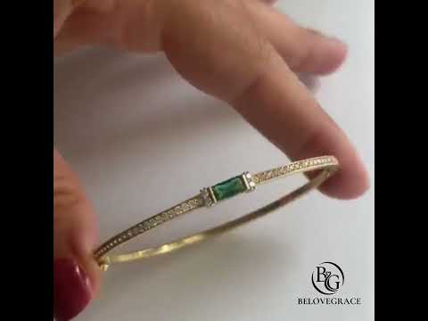 Golden Emerald & White Sapphire Baguette & Round Cut Bangle Bracelet For Women