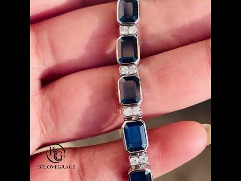 Classic Bezel Emerald Cut Blue & White Sapphire Tennis Bracelet For Women