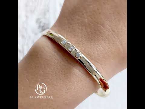 Yellow Gold 3 Stone Bezel Mixed Cut White Sapphire Bangle Bracelet For Women