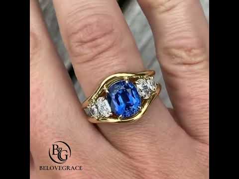 Yellow Gold Three Stone Oval Cut Blue & White Sapphire Engagement Ring