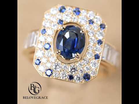 Yellow Gold Pave Setting Halo Oval Cut Blue & White Sapphire Engagement Ring