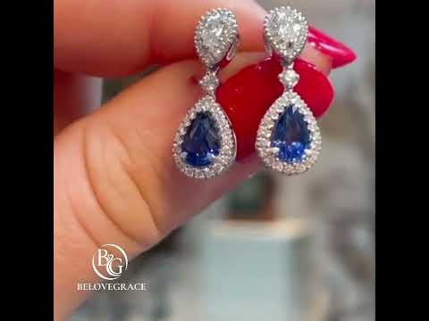 Elegant Halo Pear Cut Blue & White Sapphire Drop Earrings For Women