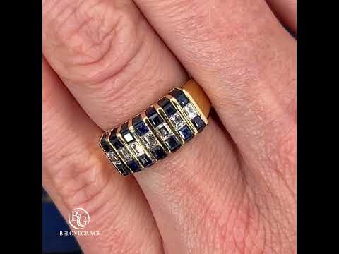 Channel Set Yellow Gold Baguette Cut Blue & White Sapphire Half Eternity Wedding Band For Women