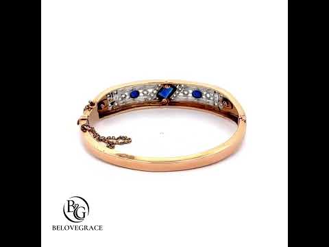 Vintage Art Deco Yellow Gold Emerald Cut Blue Sapphire Bangle Bracelet For Women