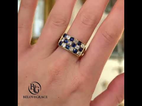 Luxury Jewelry Golden Antique Design Round Cut Blue & White Sapphire Half Eternity Wedding Band For Women
