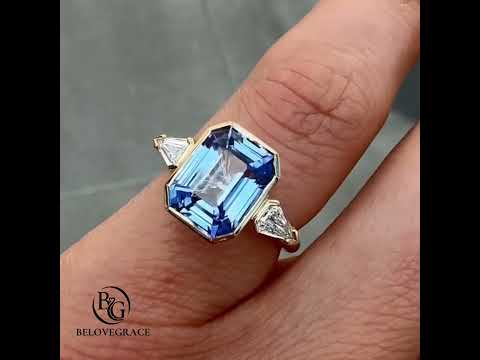 Three Stone Yellow Gold Bezel Emerald Cut Blue Sapphire Engagement Ring