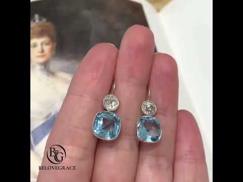 Vintage Classic Bezel Cushion & Round Cut Aquamarine & White Sapphire Drop Earrings For Women