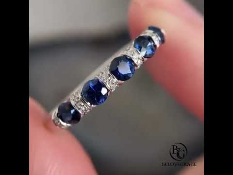 Bezel & Pave Accent Blue Sapphire Round Cut Wedding Band Ring