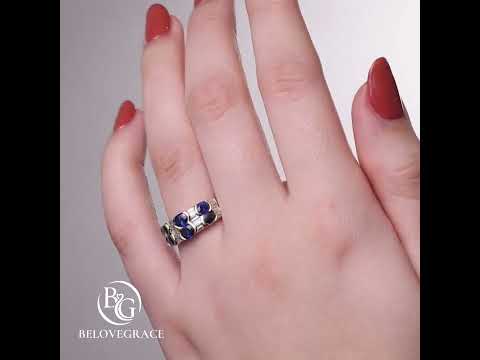 Luxury Jewelry Golden Oval Cut Blue & White Sapphire Wedding Band
