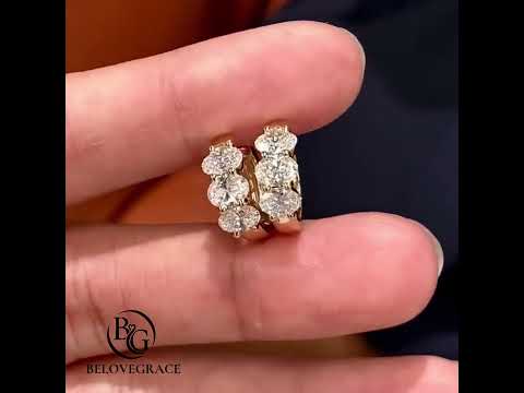 Classic Three Stone Yellow Gold Oval Cut White Sapphire Hoop Earrings For Women