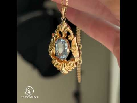 Golden Antique Oval Cut Blue Topaz Pendant Necklace For Women