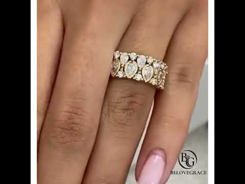 Half Eternity Gold Bezel Pear Cut White Sapphire Wedding Band Ring
