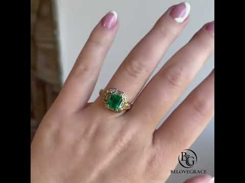 Art Deco Geometric Asscher Cut Emerald Sapphire Halo Engagement Ring