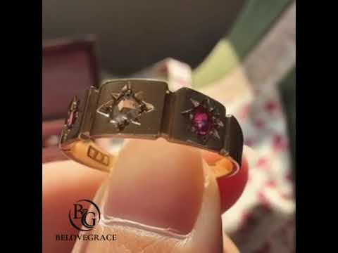 Vintage Three Stone Yellow Gold Round Cut Ruby & White Sapphire Half Eternity Wedding Band For Women