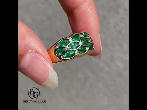 Triple Row Yellow Gold Half Bezel Oval Cut Emerald Sapphire Half Eternity Wedding Band For Women