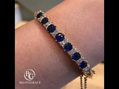 Luxury Jewelry Classic Golden Cushion Cut Blue Sapphire Half Hoop Bangle Bracelet For Women