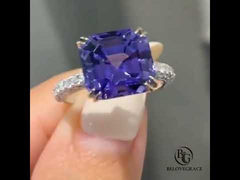 Vintage Asscher Cut Tanzanite Sapphire Royal Purple Solitaire Engagement  Ring